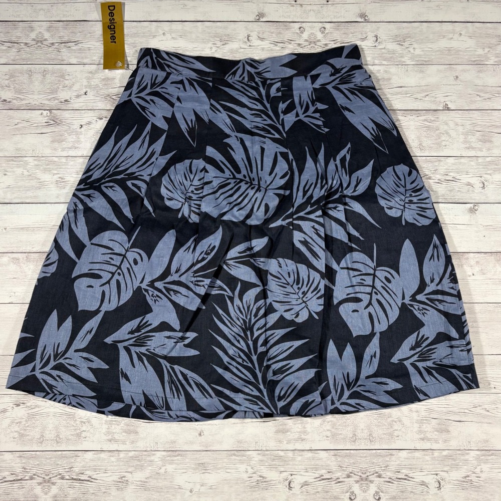 Brooks Brothers Navy Blue Tropical Monstera Leaf Print Linen Wool Skirt Size 4